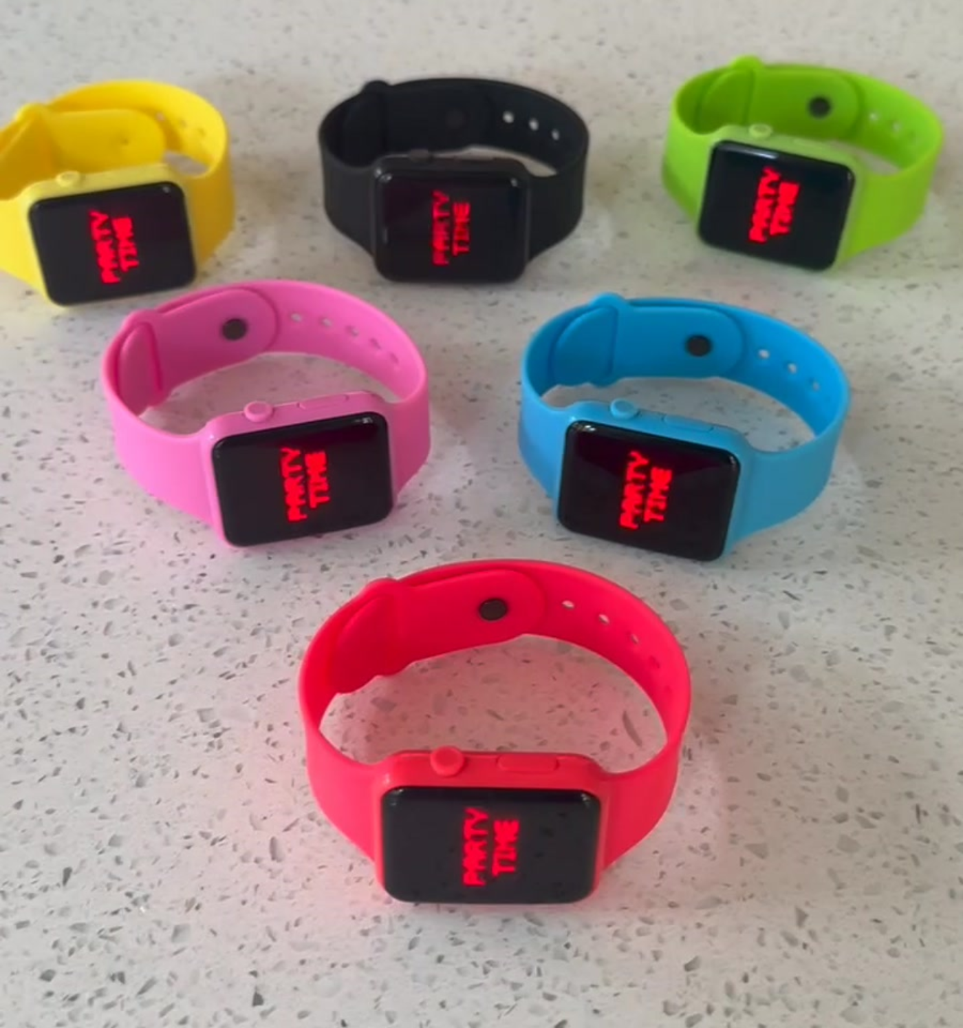 All six colors of the Party Time, all saying PARTY TIME